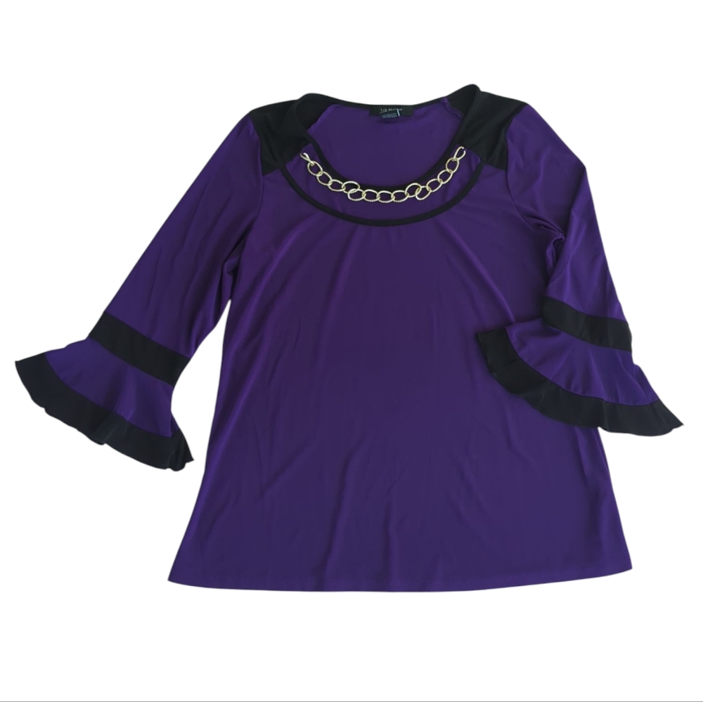 Liz McCoy Chain Accent Flared Cuff Dressy Blouse LARGE Purple Black